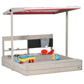 Outsunny Kids Sandbox with Canopy & Kitchen Toys, Wooden Sand Pit, Seating & Storage, Creative Play, 45x43