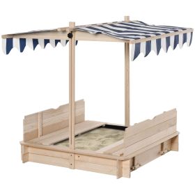 Outsunny Covered Wooden Sandbox with Adjustable Canopy, Convertible Bench Seat, and Backrests, Bottom Liner, Natural Blue