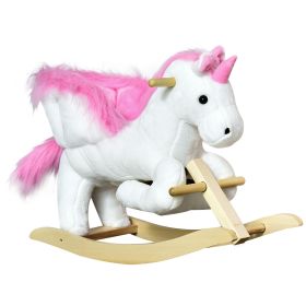 Qaba Plush Rocking Unicorn, Wooden Ride-On Chair, Lullaby Song, 18-36 Months, White & Pink, Comfort & Joy for Babies
