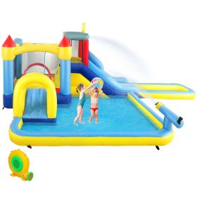 Qaba 6 in 1 Inflatable Water Slide Park with Splash Pools, 2 Slides, Trampoline, Climbing Wall, Cannon, Basketball Hoop