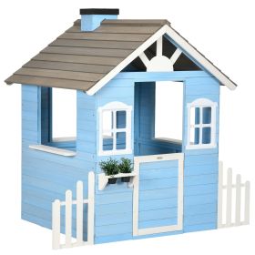 Outsunny Wooden Playhouse for Kids Outdoor with Flower Pot Holders, Door, Windows, Service Stations for 3-7 Years, Blue