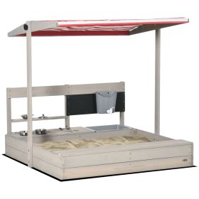 Outsunny Kids Sandbox with Canopy Adjustable, Wooden Sandbox Backyard Toy with Kitchen Playset Accessories, Outdoor Activity Gift for Girls and B