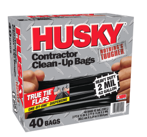 Husky Heavy Duty Contractor Black Bags, 42 Gallon, 40 Bags, 2 Mil (20% PCR)