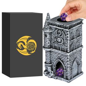D20 Castle Resin Dice Tower Gift Box Set , Exquisite Medieval , Inspired Design, Ideal For Tabletop RPG Enthusiasts. Perfect For Adding A Touch O (Color: Grey)