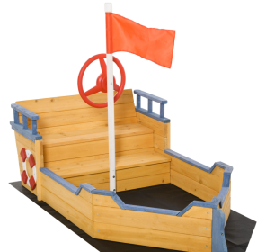 Cedar Wood Kids Sandbox, Pirate Ship Play Boat With Bench Seats And Storage (Color: Black)
