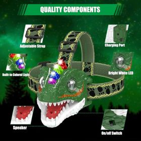 Awesome Dinosaur Headlamp With Light And Music, Perfect Costume Props For Party Activities, Good Stuff For Children's Early Education (Color: Green)