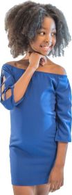 KIDS OFF THE SHOULDER LADDER DRESS (Color: Royal Blue, size: S)