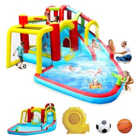 7 in1 Inflatable slide water park bouncing house outdoor Soccer garden bouncer with Splash pool & Water gun & Climbing wall & Basketball & Footba (Color: as Pic)