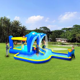 6 in1 Inflatable slide water park trampoline bouncing house outdoor garden with Dolphin sprinkler & Target games & Water gun & Basketball (Color: as Pic)