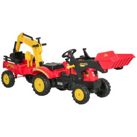 Kids Ride On Excavator Toy Pedal Powered Digger With 6 Wheels Detachable Trailer Controllable Bucket For Ages 3-6 (Color: Red)